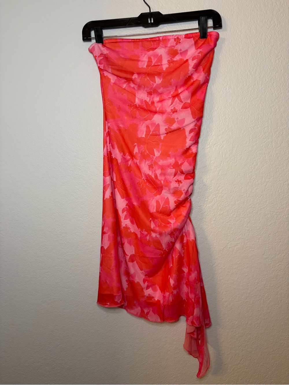 Pink and red floral mesh fitted strapless tube top mini dress size S